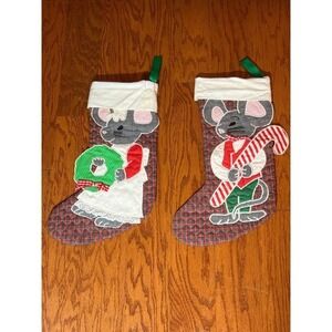 Vintage MON AMI Set of 2 Quilted Christmas Stocking‎ Mouse Applique Burgundy GUC